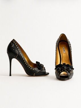 Miu Miu Leather studded peeptoe pumps cabochon & bows size 35